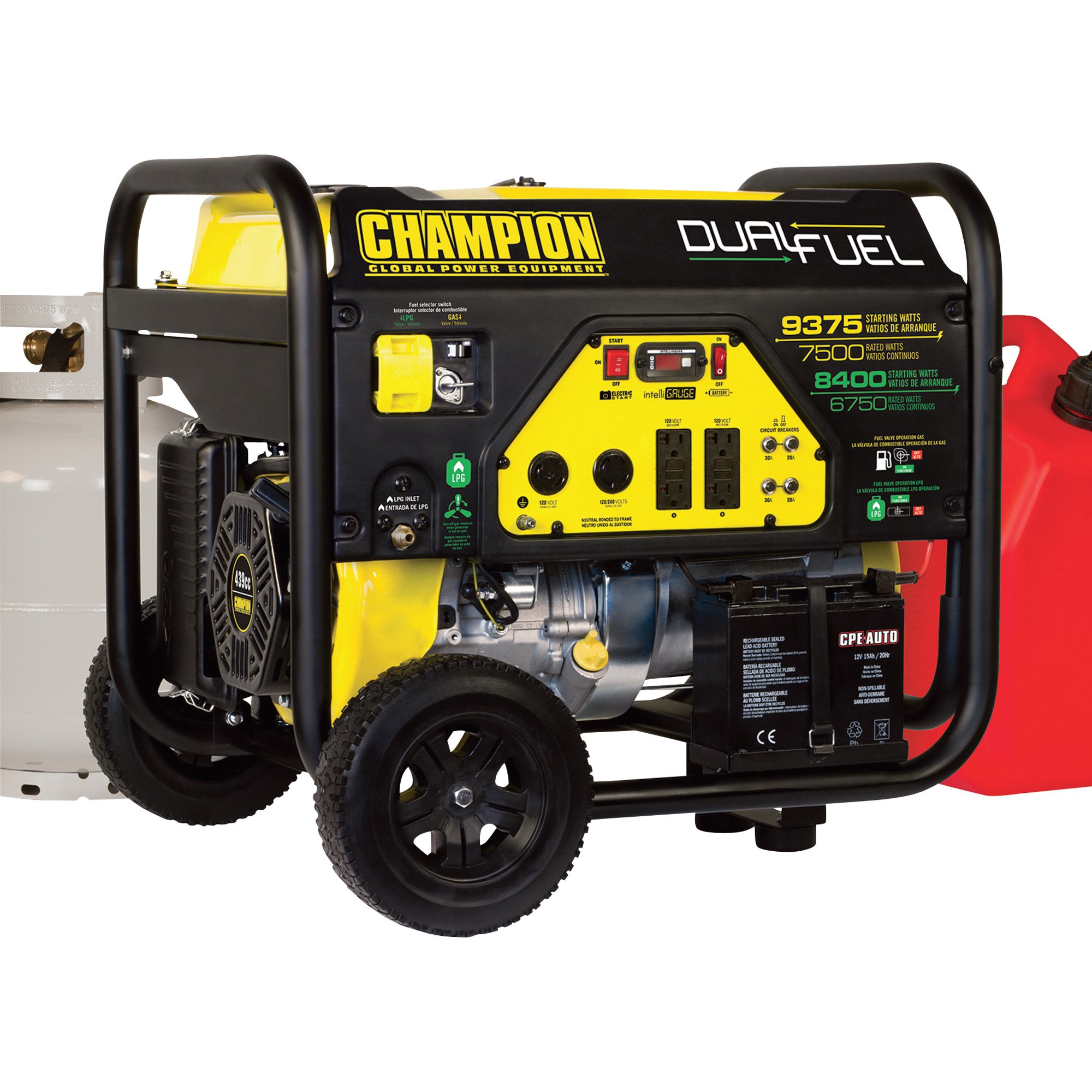 Champion Power Equipment Portable Dual Fuel Generator — 9,375 Surge Watts, 7,500 Rated Watts, Electric Start, Model# 100165